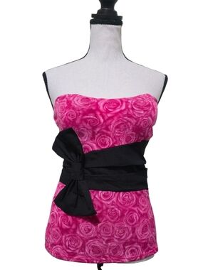 Y2K Hot Pink Rose Strapless Top Bow Med Club Coquette Romantic Party Date Night